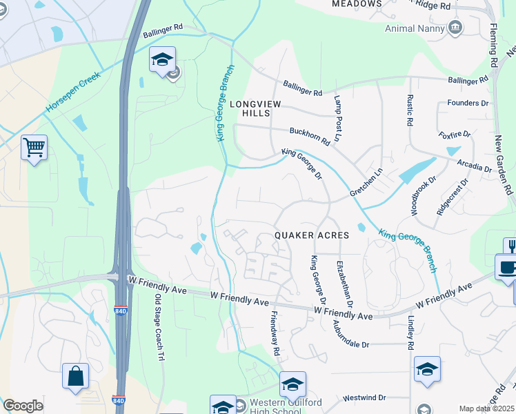 map of restaurants, bars, coffee shops, grocery stores, and more near 5501 Ashmont Drive in Greensboro