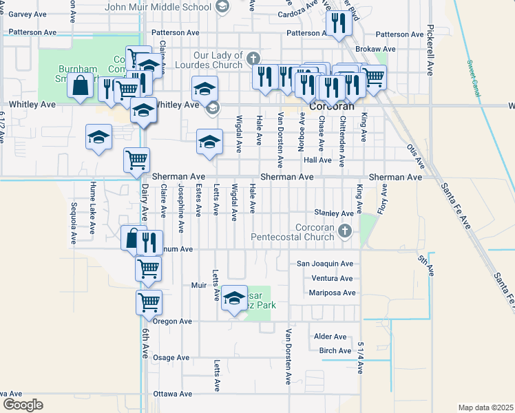 map of restaurants, bars, coffee shops, grocery stores, and more near 1519 Hale Avenue in Corcoran