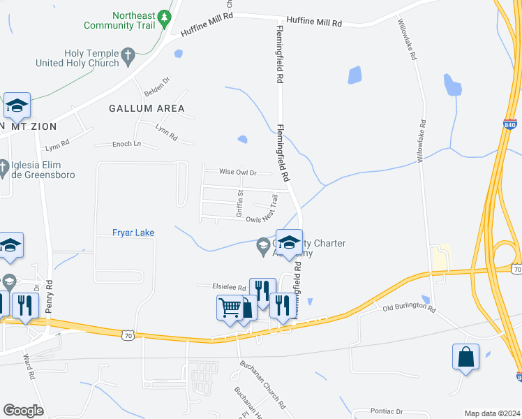 map of restaurants, bars, coffee shops, grocery stores, and more near 2210 Raptor Way in Greensboro