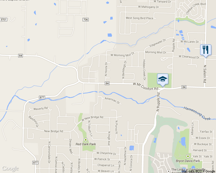 map of restaurants, bars, coffee shops, grocery stores, and more near 4363 West Mount Comfort Road in Fayetteville