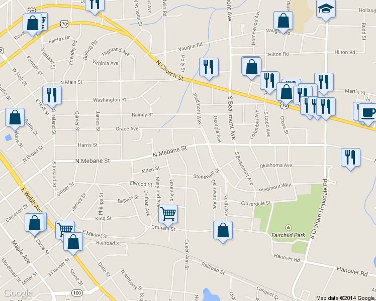map of restaurants, bars, coffee shops, grocery stores, and more near 1211 North Mebane Street in Burlington