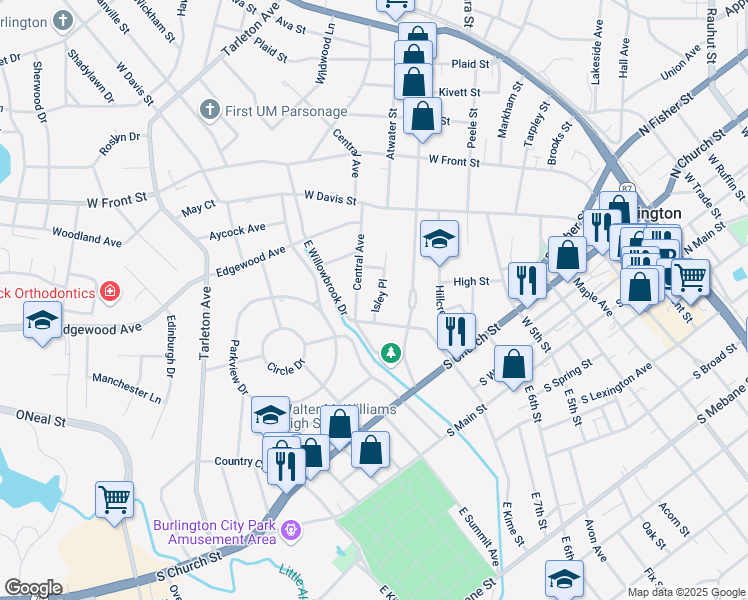 map of restaurants, bars, coffee shops, grocery stores, and more near 532 Isley Place in Burlington