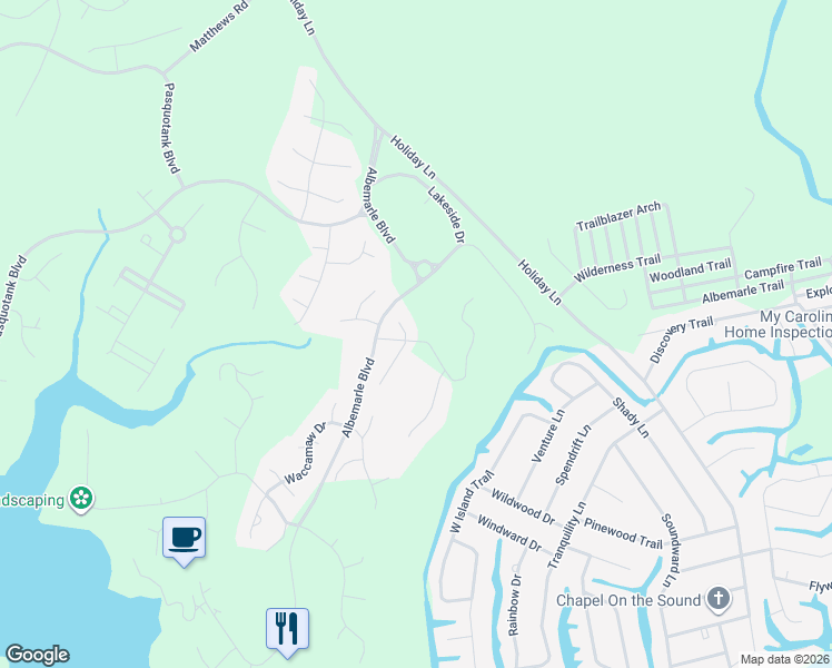 map of restaurants, bars, coffee shops, grocery stores, and more near 117 Roanoke Dr in Hertford
