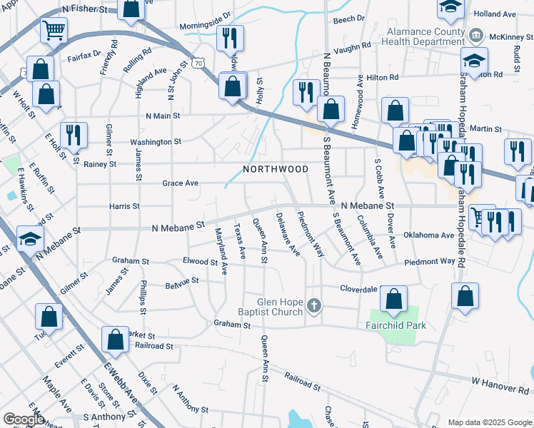 map of restaurants, bars, coffee shops, grocery stores, and more near 1211 North Mebane Street in Burlington