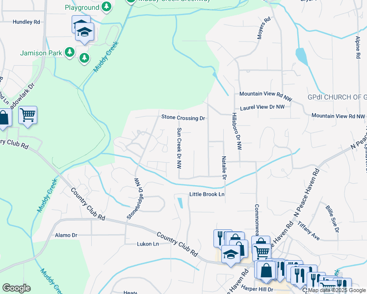 map of restaurants, bars, coffee shops, grocery stores, and more near 533 Sun Creek Drive Northwest in Winston-Salem