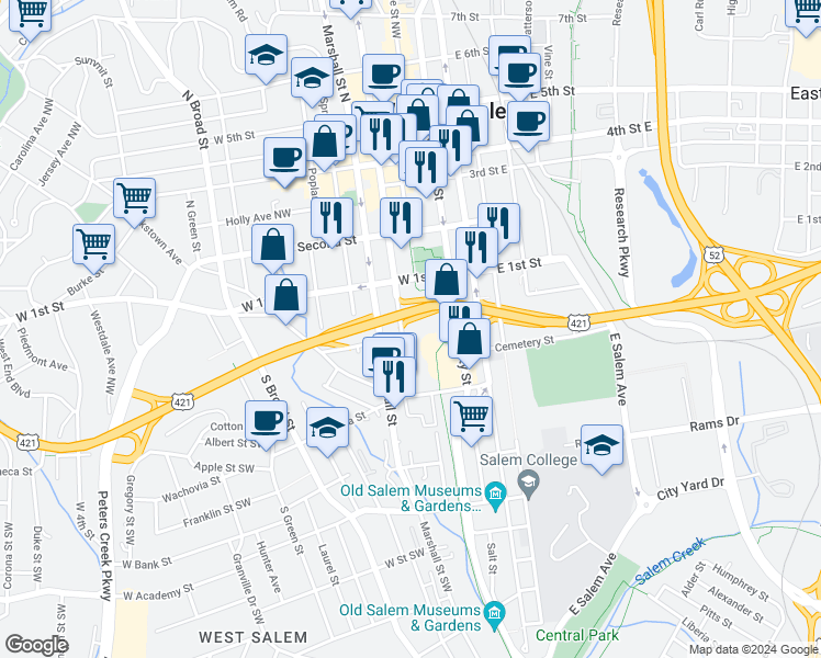 map of restaurants, bars, coffee shops, grocery stores, and more near 147 Cherry Street South in Winston-Salem