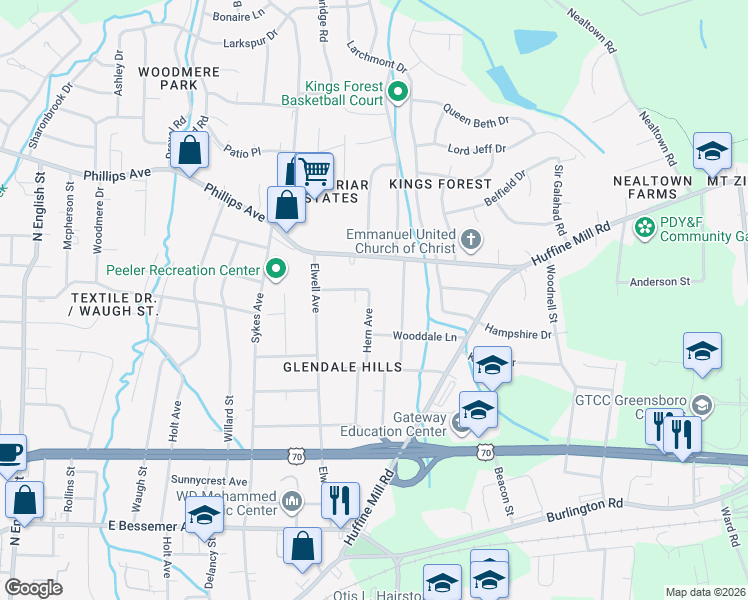 map of restaurants, bars, coffee shops, grocery stores, and more near 1126 Hern Avenue in Greensboro