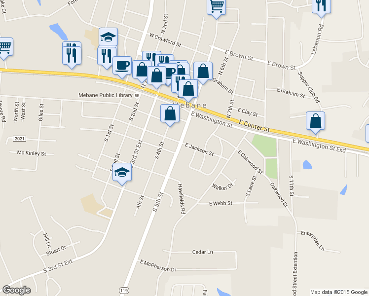 map of restaurants, bars, coffee shops, grocery stores, and more near 301 S 5th St in Mebane