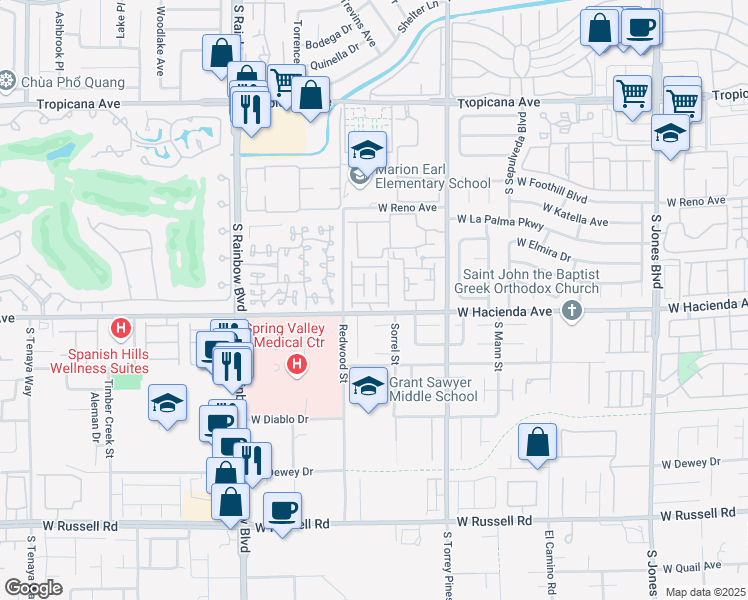 map of restaurants, bars, coffee shops, grocery stores, and more near 6652 Maddies Way in Las Vegas