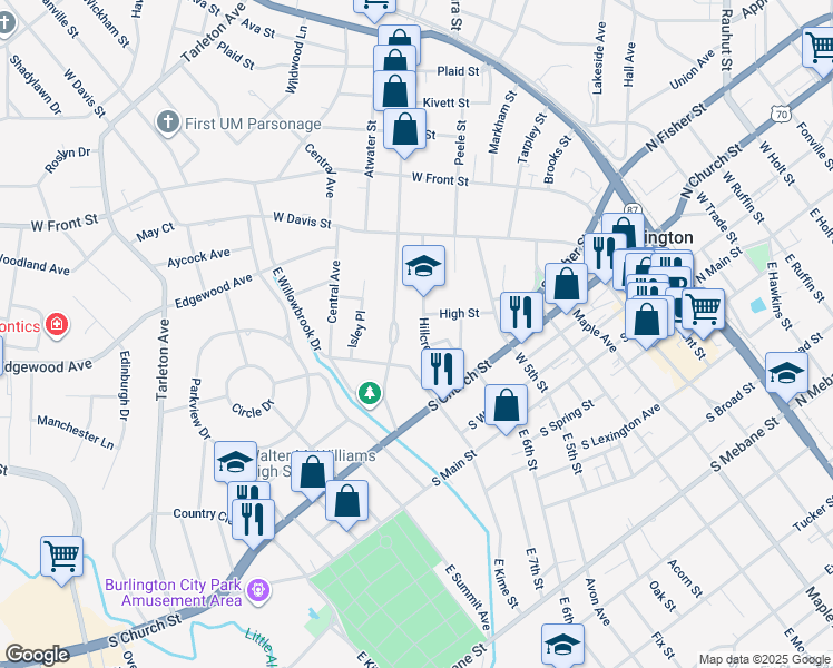 map of restaurants, bars, coffee shops, grocery stores, and more near 406 Hillcrest Avenue in Burlington