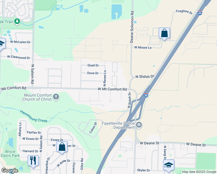 map of restaurants, bars, coffee shops, grocery stores, and more near 2678 West Mount Comfort Road in Fayetteville
