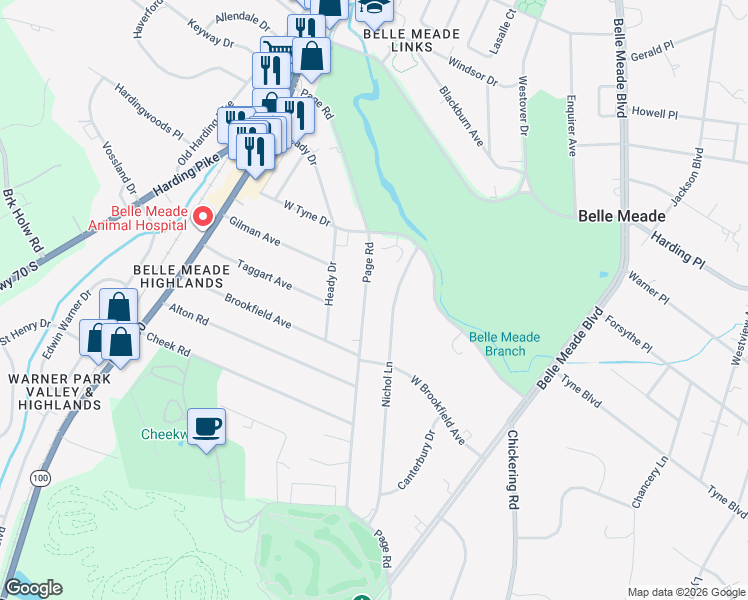 map of restaurants, bars, coffee shops, grocery stores, and more near 210C Page Road in Nashville