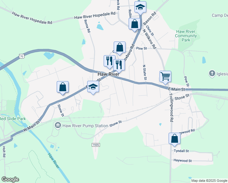map of restaurants, bars, coffee shops, grocery stores, and more near 125 Ferris Street in Haw River