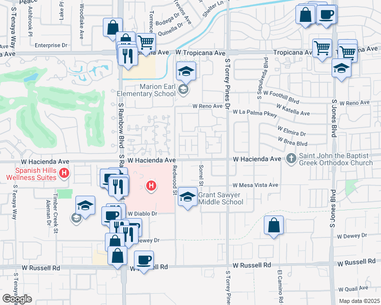 map of restaurants, bars, coffee shops, grocery stores, and more near 6652 Maddies Way in Las Vegas