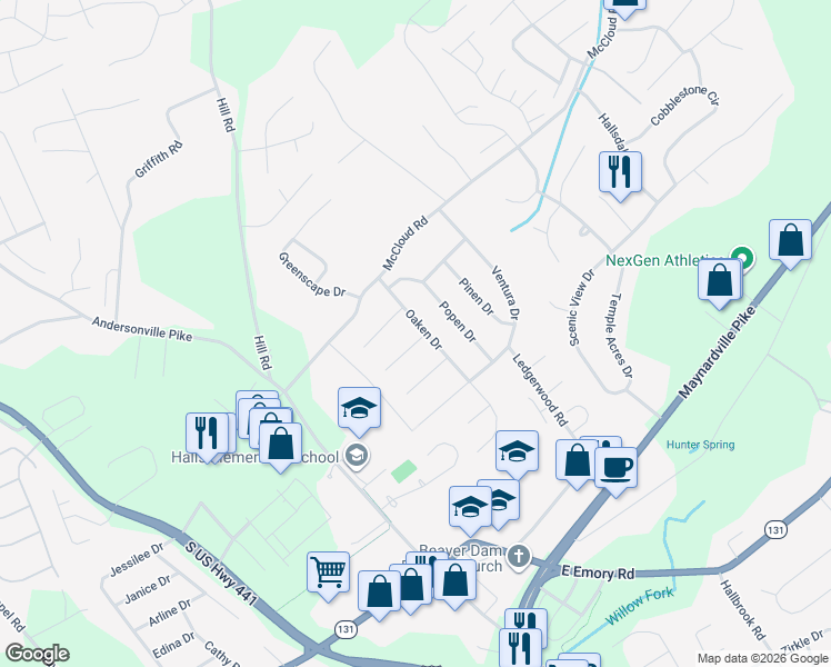 map of restaurants, bars, coffee shops, grocery stores, and more near 4321 Furen Road in Knoxville