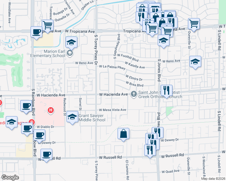 map of restaurants, bars, coffee shops, grocery stores, and more near 5261 South Sepulveda Boulevard in Las Vegas