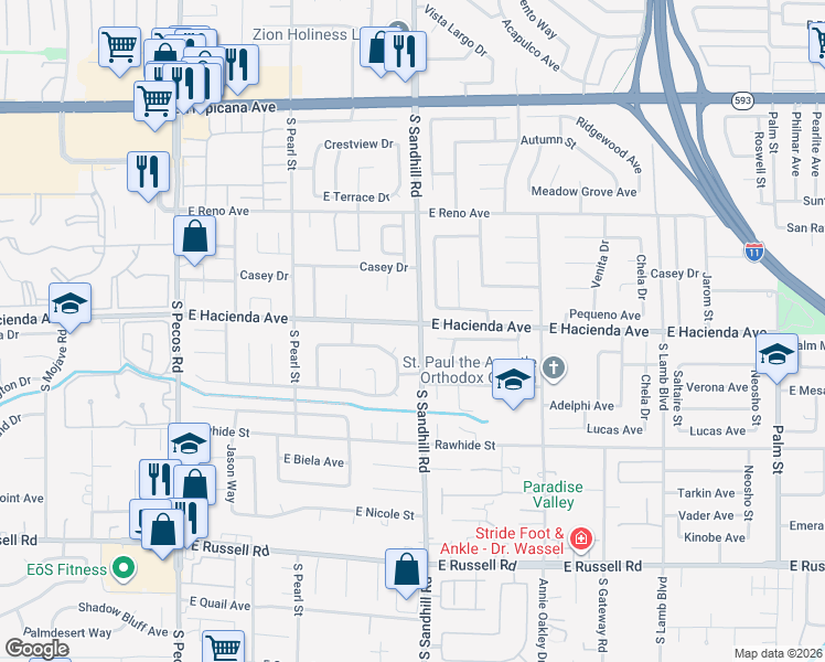 map of restaurants, bars, coffee shops, grocery stores, and more near 5311 South Sandhill Road in Las Vegas