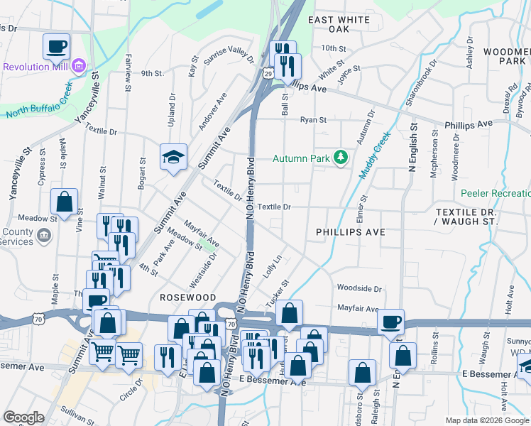map of restaurants, bars, coffee shops, grocery stores, and more near 1514 Textile Drive in Greensboro