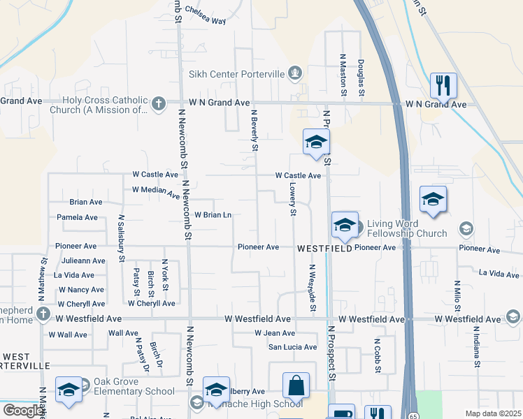 map of restaurants, bars, coffee shops, grocery stores, and more near 1520 North Beverly Street in Porterville