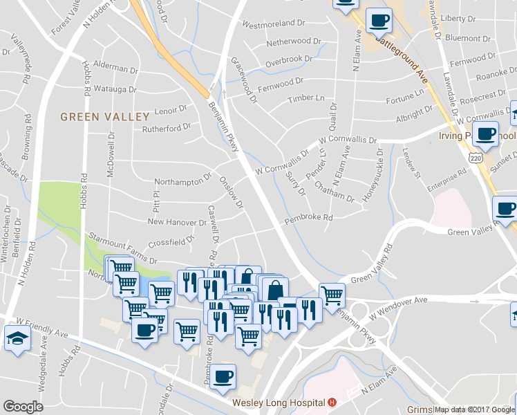 map of restaurants, bars, coffee shops, grocery stores, and more near 1009 Benjamin Parkway in Greensboro