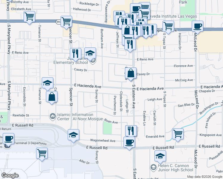map of restaurants, bars, coffee shops, grocery stores, and more near 2215 East Hacienda Avenue in Las Vegas