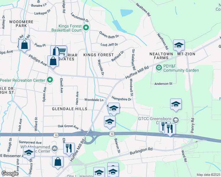 map of restaurants, bars, coffee shops, grocery stores, and more near 1205 Huffine Mill Road in Greensboro