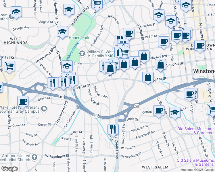 map of restaurants, bars, coffee shops, grocery stores, and more near 1188 West 4th Street in Winston-Salem