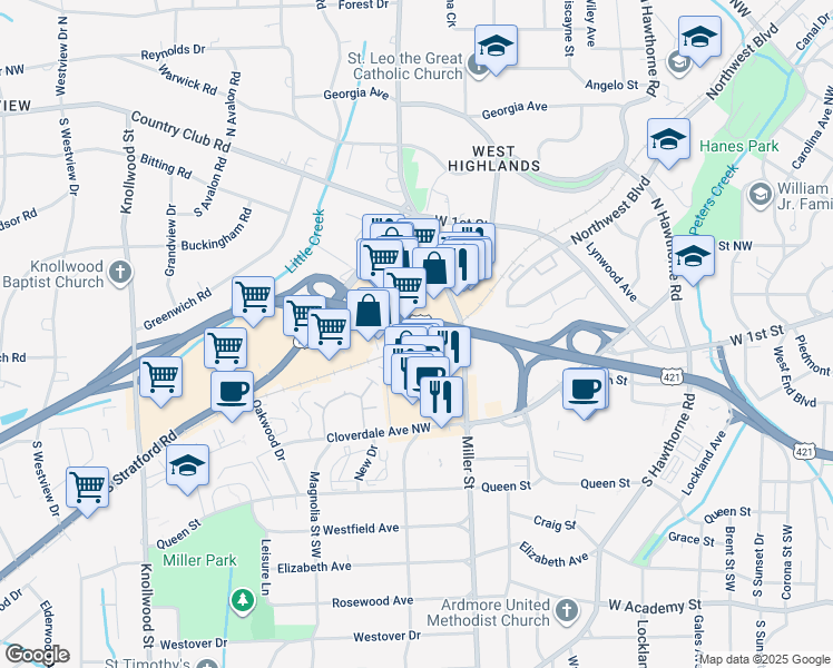map of restaurants, bars, coffee shops, grocery stores, and more near 163 Stratford Court in Winston-Salem