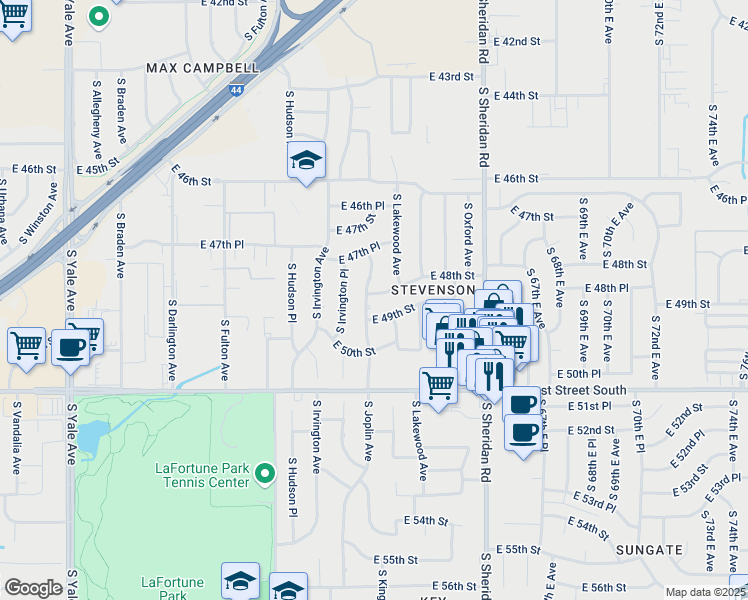 map of restaurants, bars, coffee shops, grocery stores, and more near 5922 East 48th Street in Tulsa