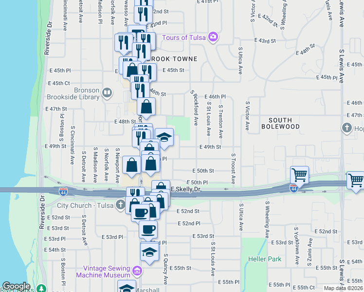 map of restaurants, bars, coffee shops, grocery stores, and more near 1419 East 49th Street in Tulsa
