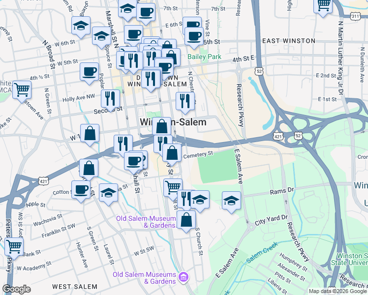 map of restaurants, bars, coffee shops, grocery stores, and more near 222 South Church Street in Winston-Salem