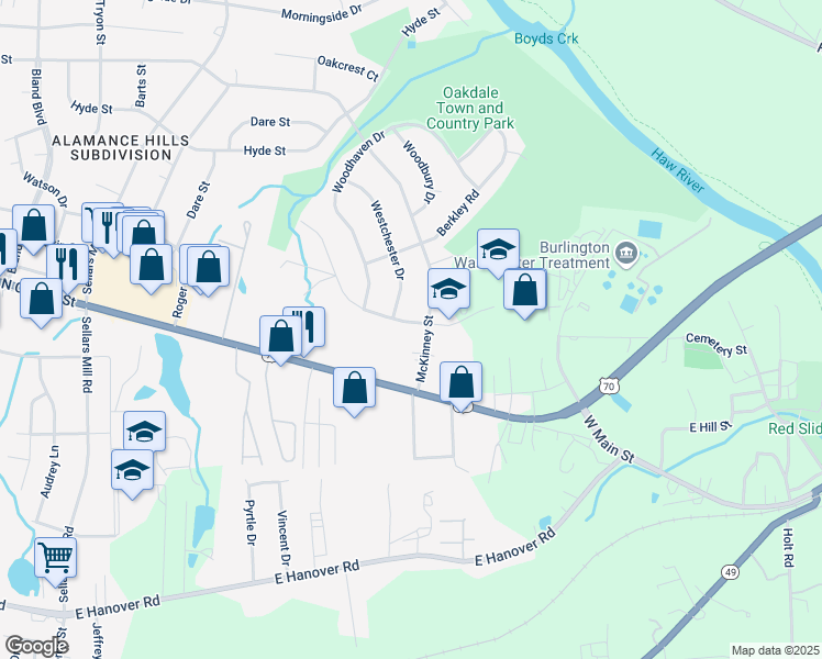 map of restaurants, bars, coffee shops, grocery stores, and more near 2426 Buckingham Road in Burlington