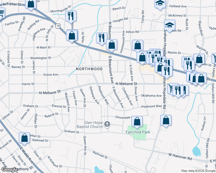 map of restaurants, bars, coffee shops, grocery stores, and more near 1337 North Mebane Street in Burlington