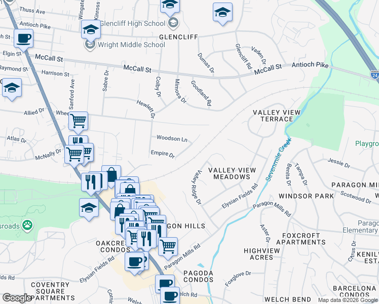 map of restaurants, bars, coffee shops, grocery stores, and more near 3716 Grubbs Road in Nashville