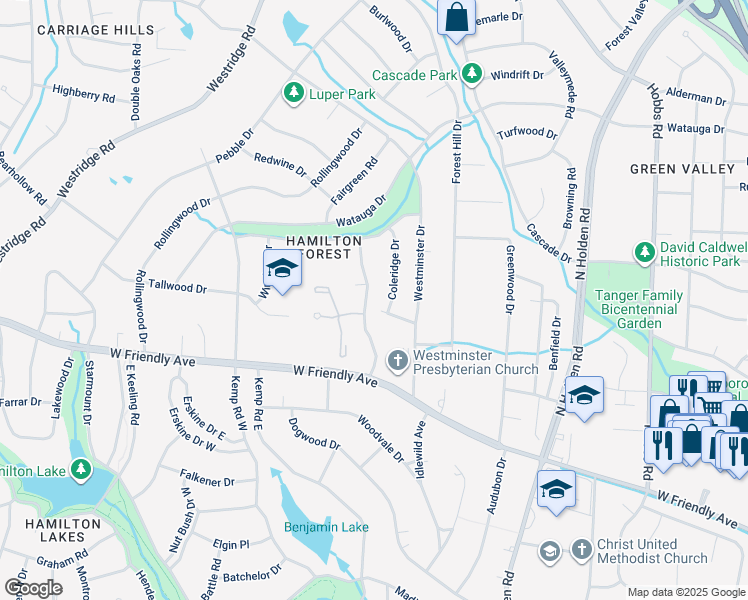 map of restaurants, bars, coffee shops, grocery stores, and more near 702 7 Oaks Drive in Greensboro
