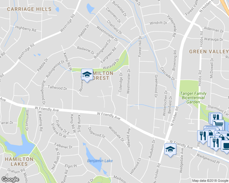 map of restaurants, bars, coffee shops, grocery stores, and more near 702 7 Oaks Drive in Greensboro
