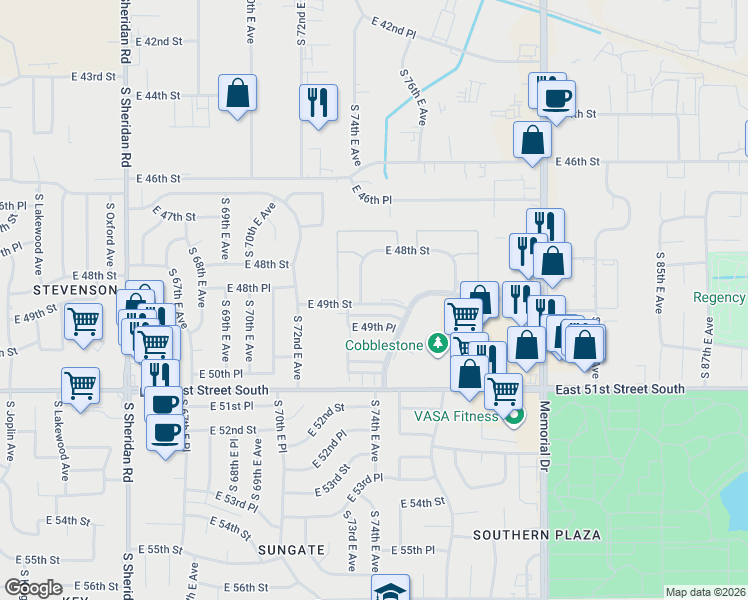 map of restaurants, bars, coffee shops, grocery stores, and more near 7445 East 49th Street in Tulsa