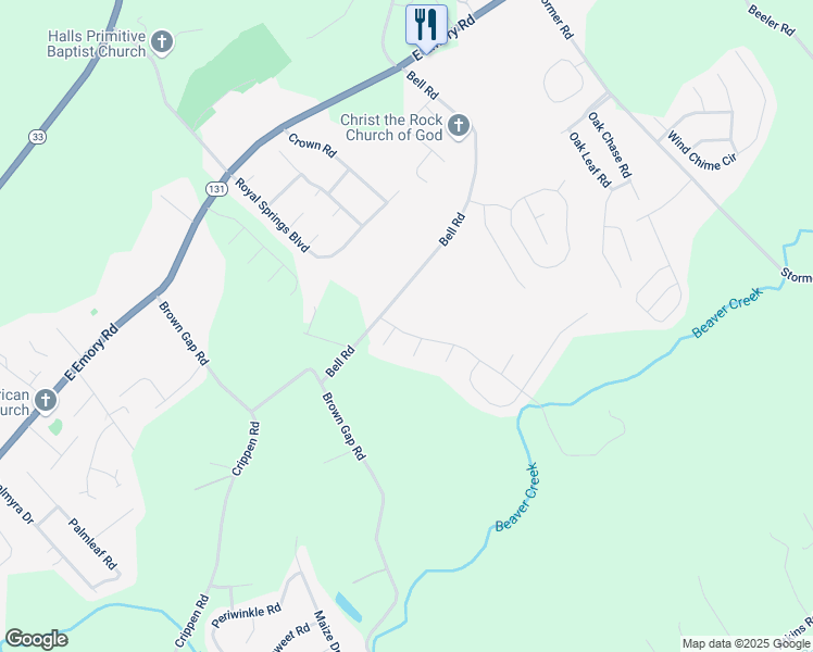 map of restaurants, bars, coffee shops, grocery stores, and more near 5534 Meadow Rue Trail in Knoxville