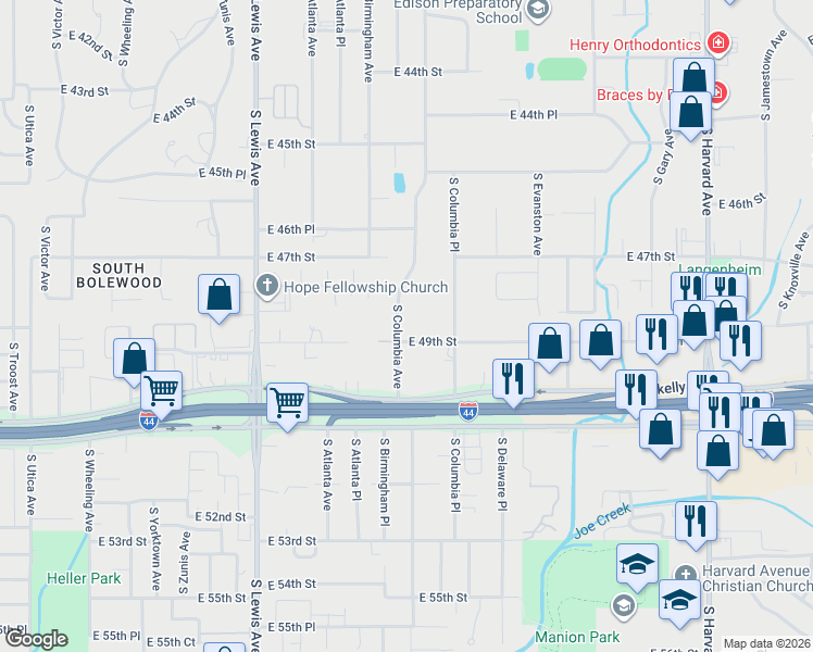 map of restaurants, bars, coffee shops, grocery stores, and more near 4687 South Columbia Avenue in Tulsa