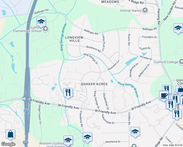 map of restaurants, bars, coffee shops, grocery stores, and more near 800 Gretchen Lane in Greensboro