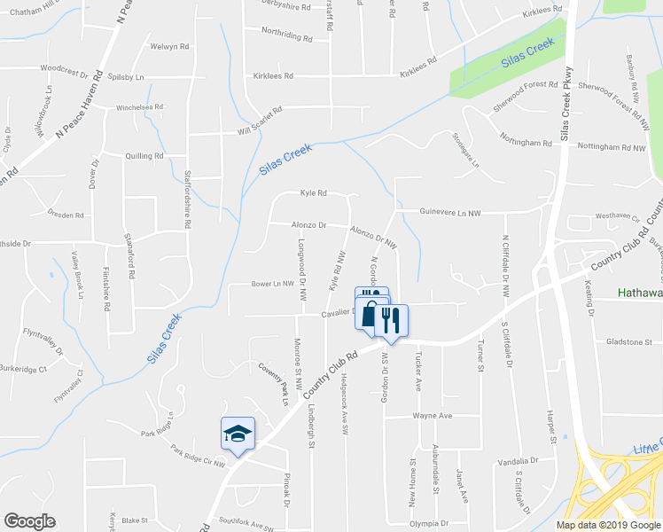 map of restaurants, bars, coffee shops, grocery stores, and more near 224 Kyle Road in Winston-Salem
