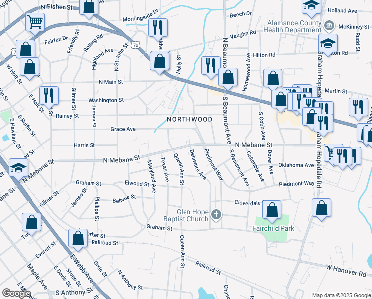 map of restaurants, bars, coffee shops, grocery stores, and more near 1215 North Mebane Street in Burlington