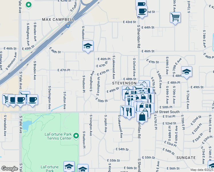 map of restaurants, bars, coffee shops, grocery stores, and more near 5922 East 48th Street in Tulsa