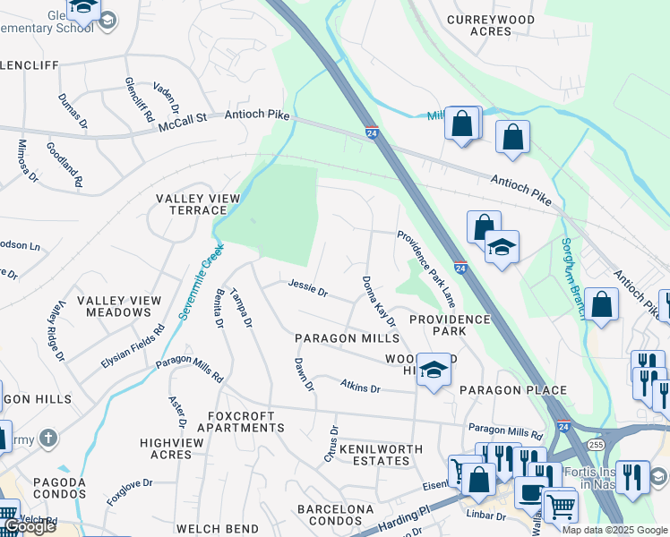 map of restaurants, bars, coffee shops, grocery stores, and more near 616 Kay Court in Nashville