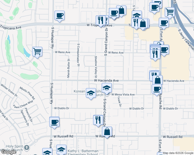 map of restaurants, bars, coffee shops, grocery stores, and more near 5286 Shadow Valley St in Las Vegas