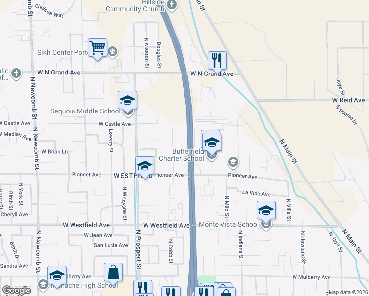 map of restaurants, bars, coffee shops, grocery stores, and more near 1006 Pioneer Avenue in Porterville
