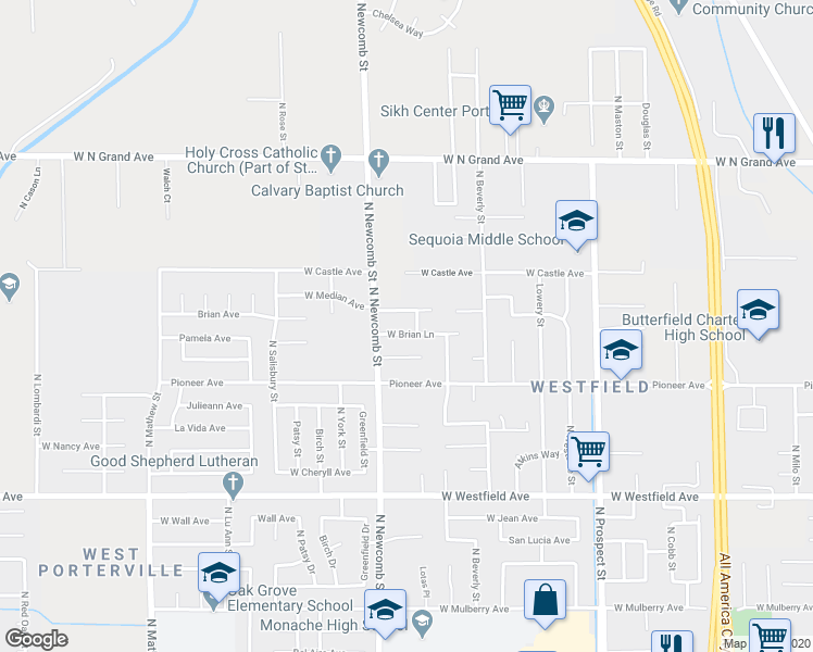 map of restaurants, bars, coffee shops, grocery stores, and more near 1550 West Brian Lane in Porterville
