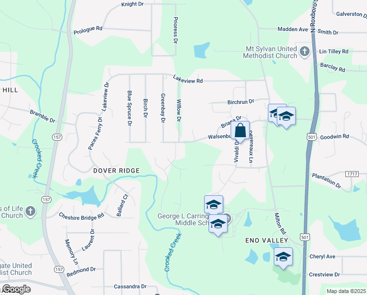 map of restaurants, bars, coffee shops, grocery stores, and more near 525 Walsenburg Drive in Durham