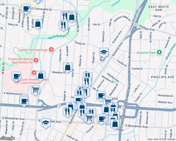 map of restaurants, bars, coffee shops, grocery stores, and more near 1230 Fairview St in Greensboro