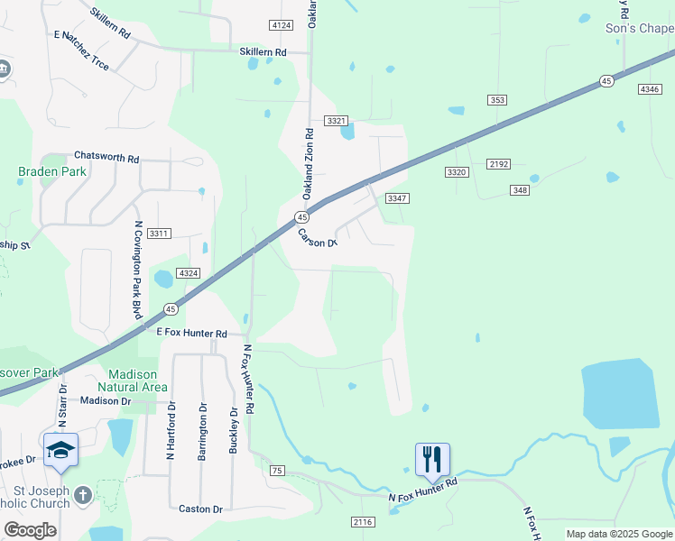 map of restaurants, bars, coffee shops, grocery stores, and more near 4499 Ashley Lane in Fayetteville